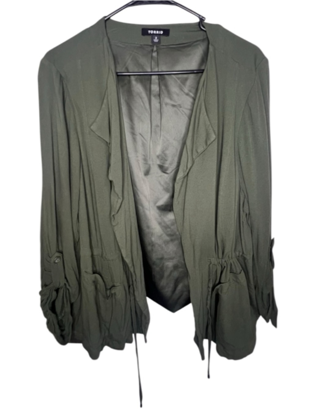 Torrid Olive Green Open Front Ruffle Hem Jacket With Drawstring Waist